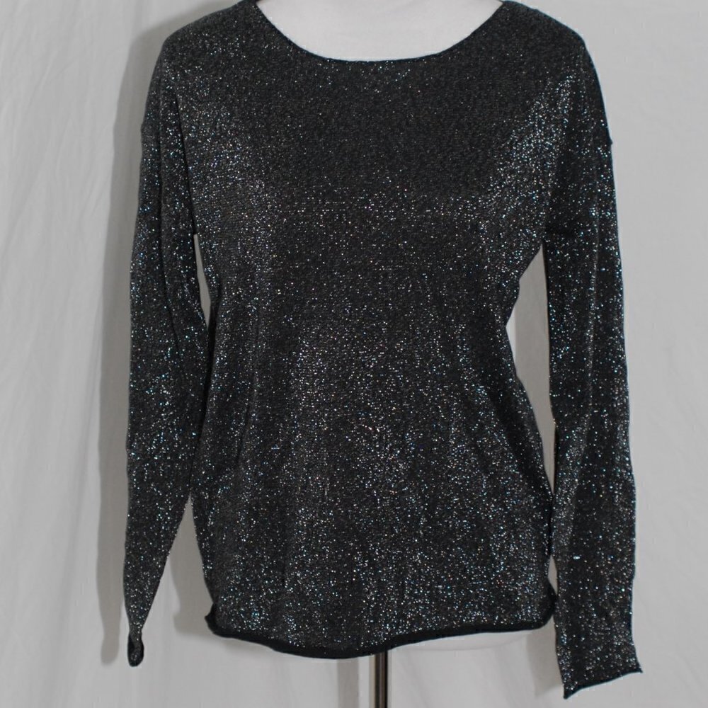 Staccato Womens Small Sparkly Black Silver Top Long Sleeve Shirt Party EUC
